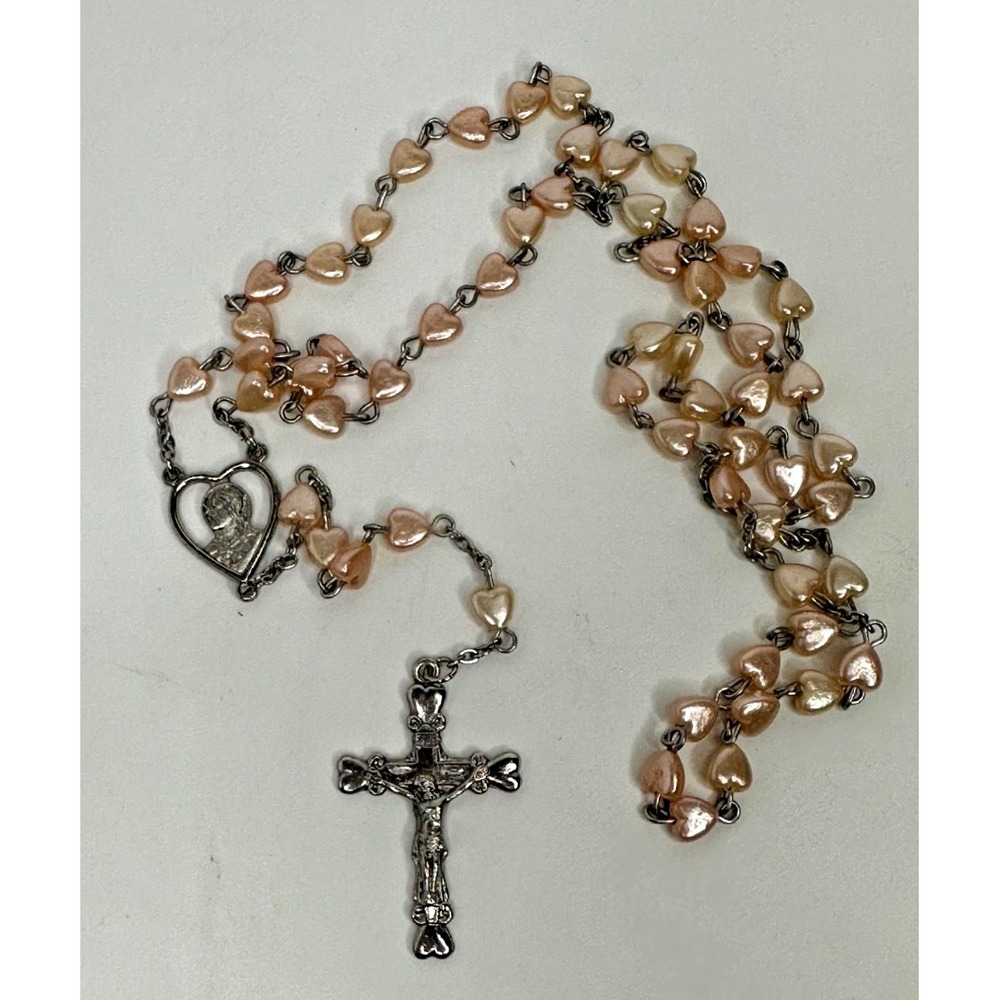 Rosary Silver Tone Pink Pearlized Beads Religious Catholic